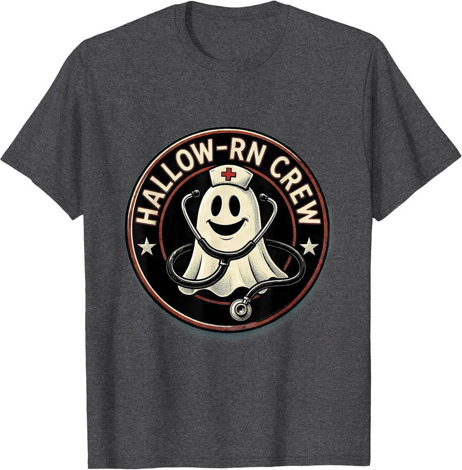 Men's Hallow-RN Crew Retro Cartoon Halloween Nurse Medical Humor T-Shirt - Dark Heather Grey