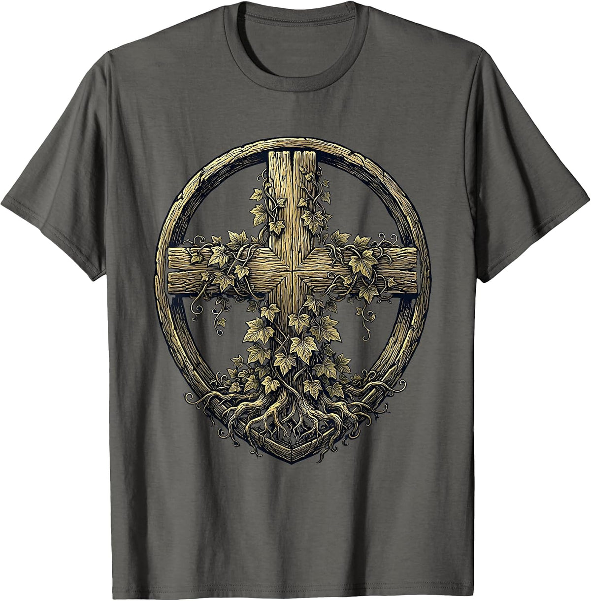 Rugged Cross with Climbing Ivy Vines Christian Design T-Shirt - Asphalt Grey