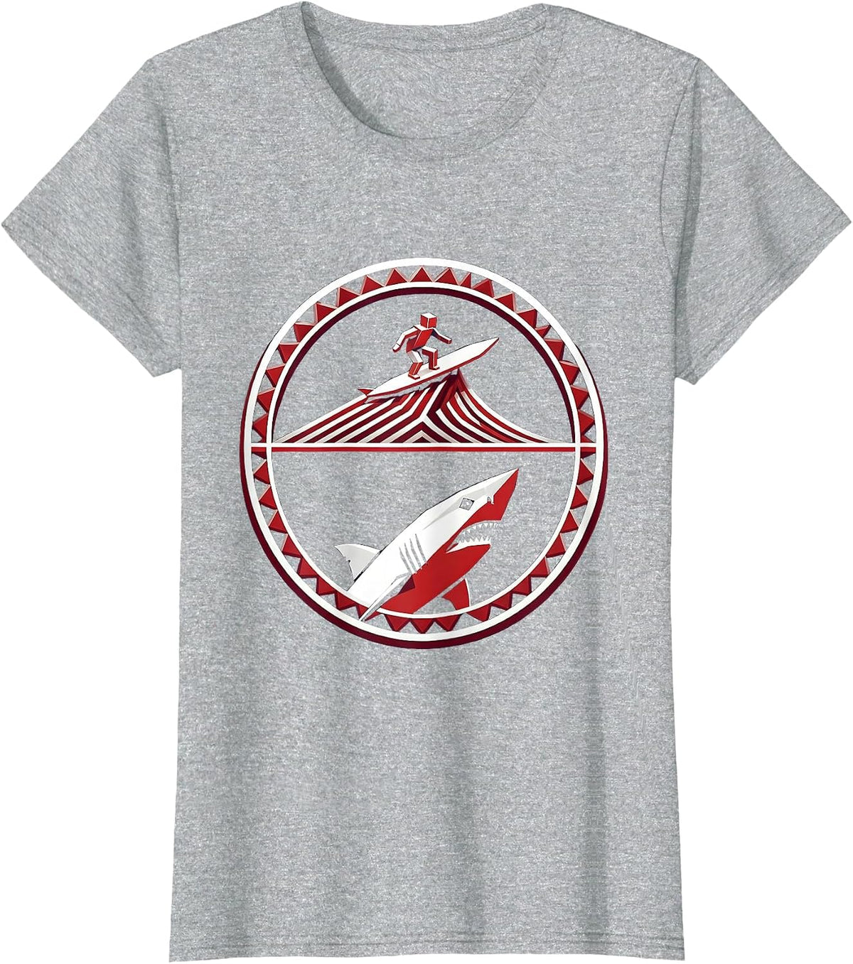 Shark Silhouette Surfer Ocean Graphic Tee T-Shirt - Heather Grey