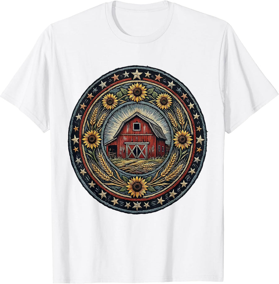 Men's Red Barn Blue Sky Stars Patriotic Country Design T-Shirt - White