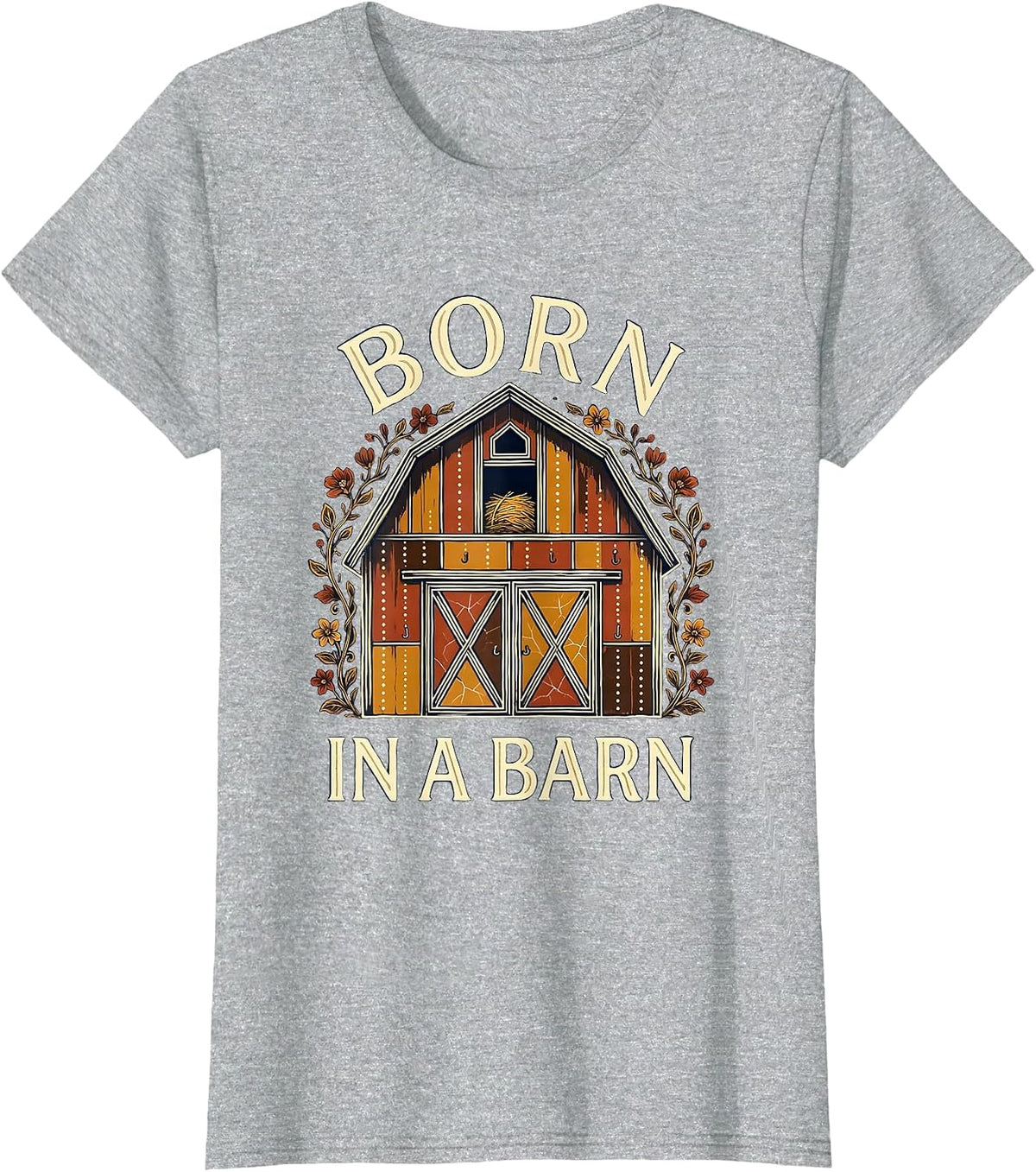 Born in a Barn Western Country Design T-Shirt - Heather Grey