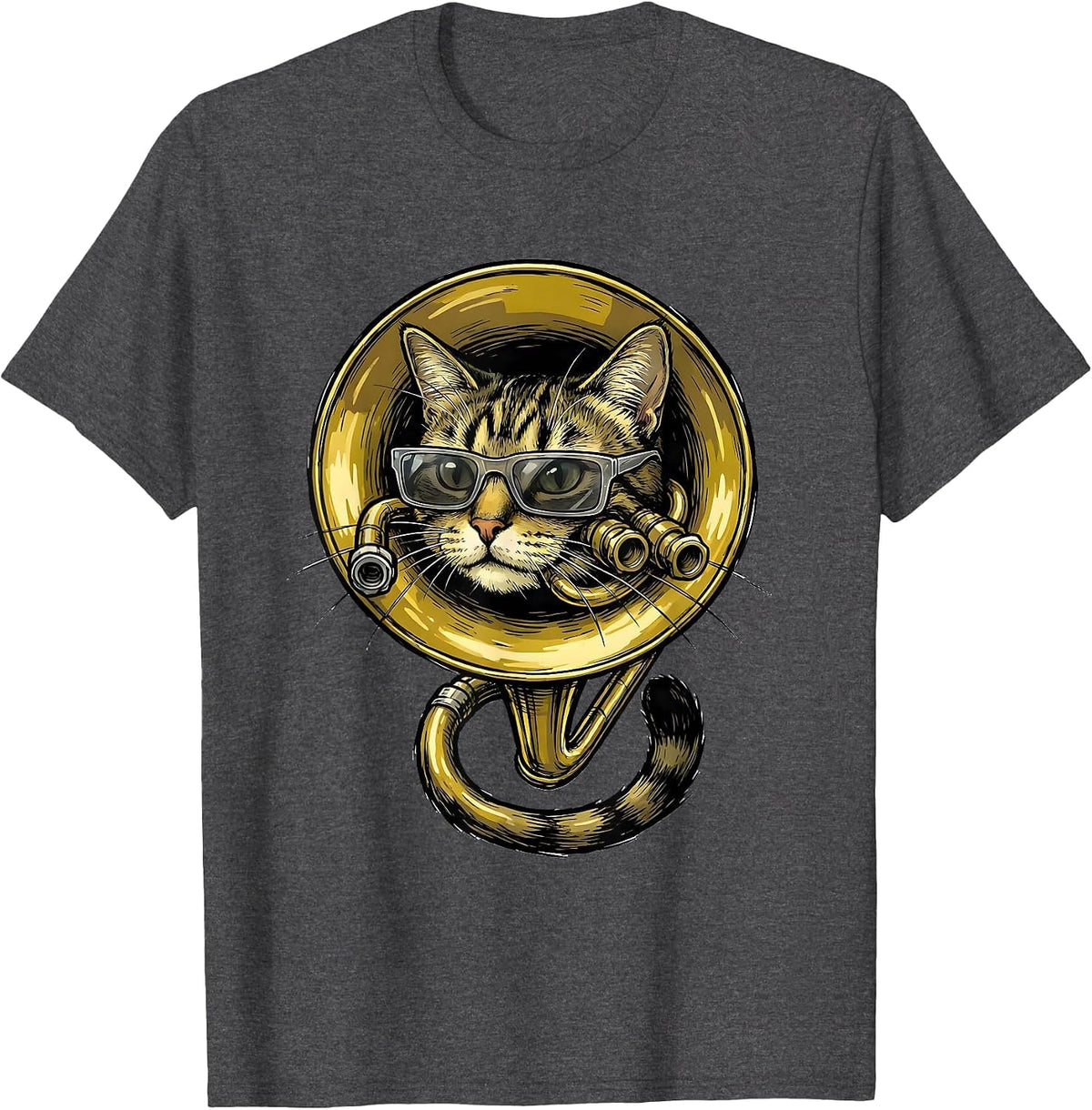 Men's Trumpet Cat With Sunglasses Funny Musician Humor T-Shirt - Dark Heather Grey
