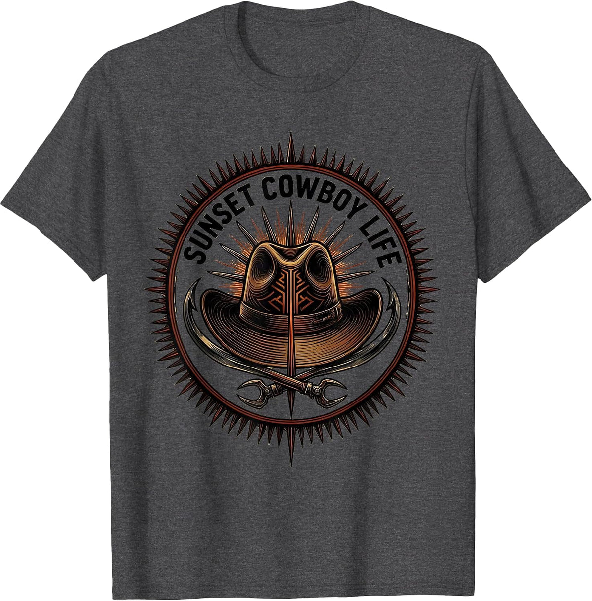 Men's Sunset Cowboy Life Western Graphic Design T-Shirt - Dark Heather Grey