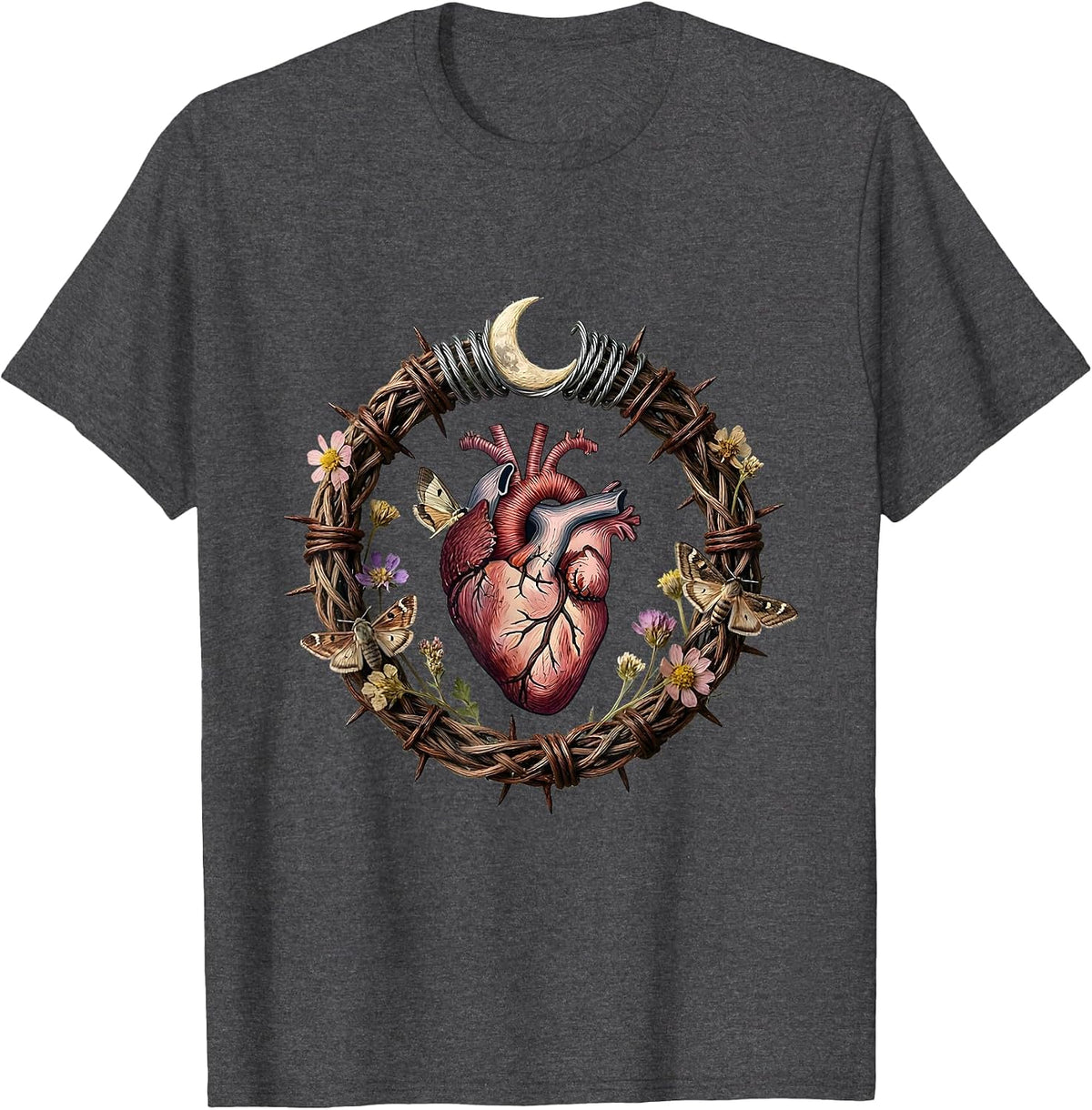 Gothic Barbed Wire Stitched Heart Dark Art Design T-Shirt - Dark Heather Grey