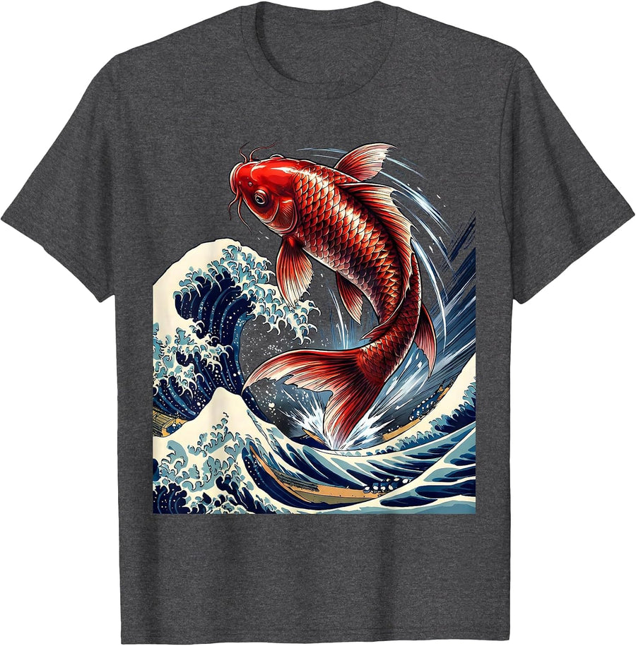 Men's Koi Fish Leaping Through Crashing Wave Art T-Shirt - Dark Heather Grey