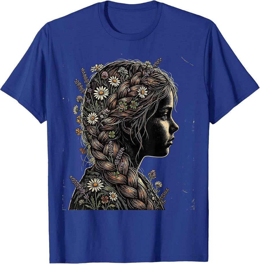 Gigi Wildflower Braids Floral Nature Illustration T-Shirt - Royal Blue