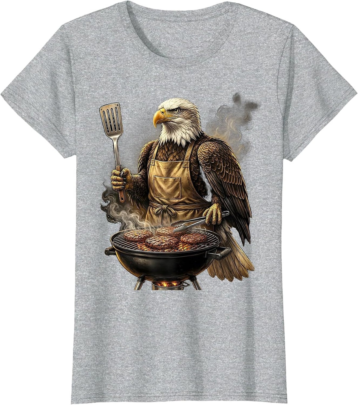 Women's Bald Eagle Grilling Burgers Funny BBQ Design T-Shirt - Heather Grey