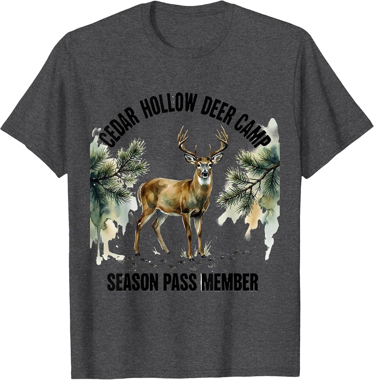 Men's Cedar Hollow Deer Camp Season Pass Member Hunter Dad T-Shirt - Dark Heather Grey