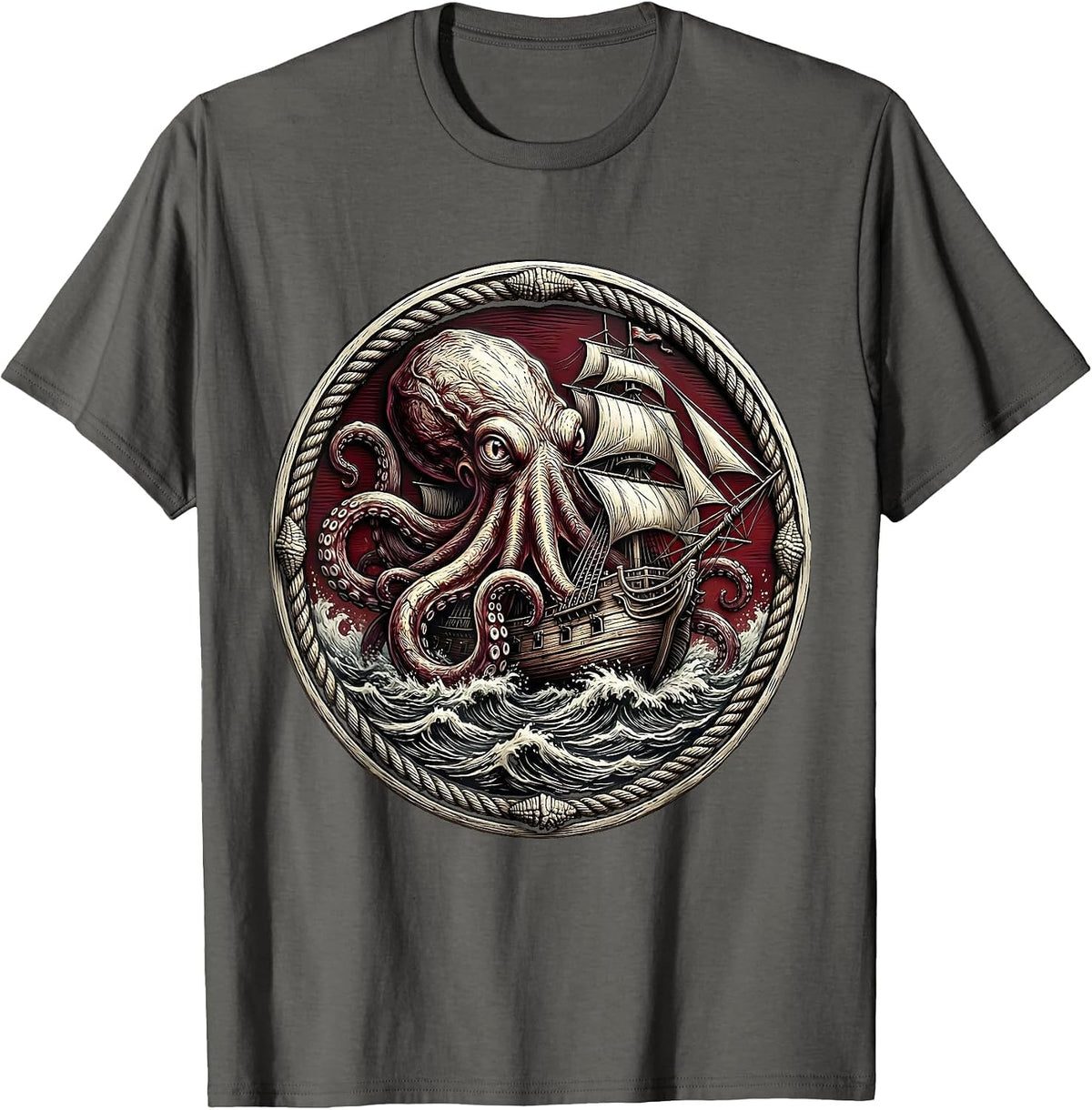 Men's Giant Octopus Sinking Ancient Warship Anime Art T-Shirt - Asphalt Grey