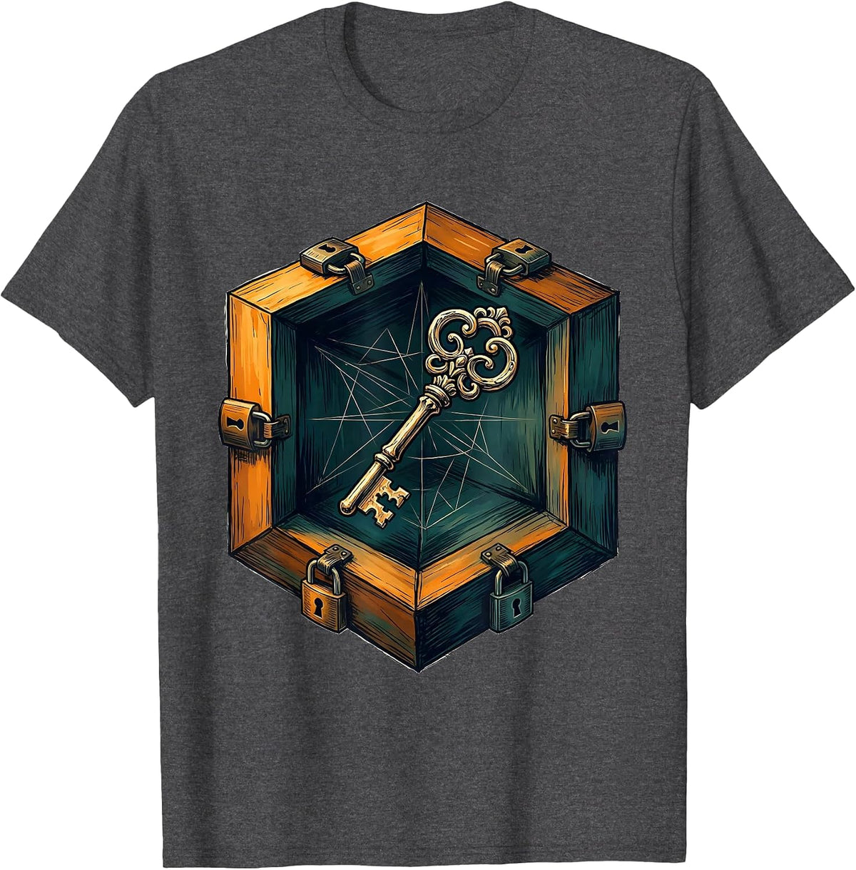 Key Inside Locked Glass Cube Surreal Art Design T-Shirt - Dark Heather Grey
