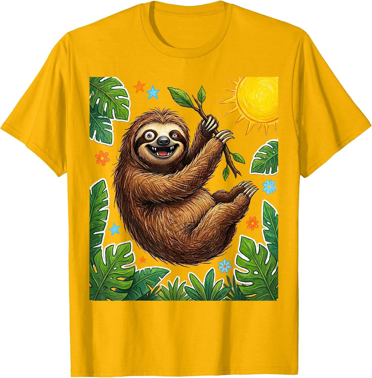 Derpy Sloth Hanging From Wrong Branch T-Shirt - Golden Yellow