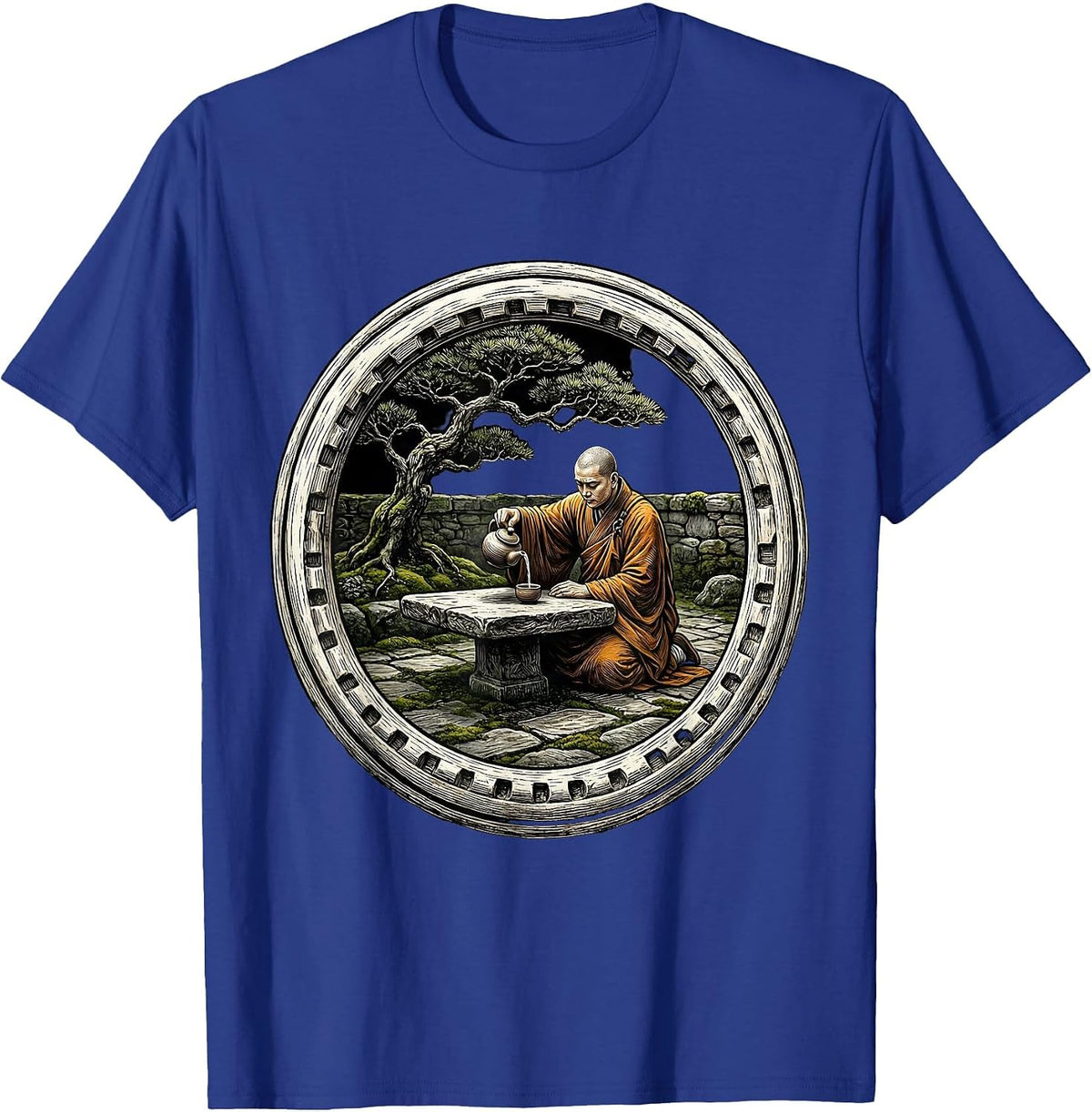 Monk Pouring Tea in Stone Courtyard Graphic T-Shirt - Royal Blue
