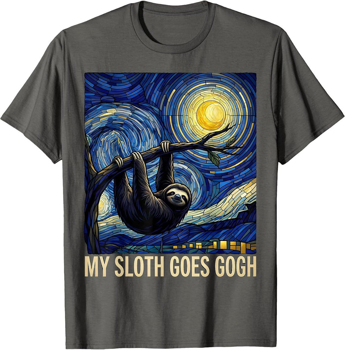 Men's My Sloth Goes Gogh Stained Glass Mosaic Animal Lover Gift T-Shirt - Asphalt Grey