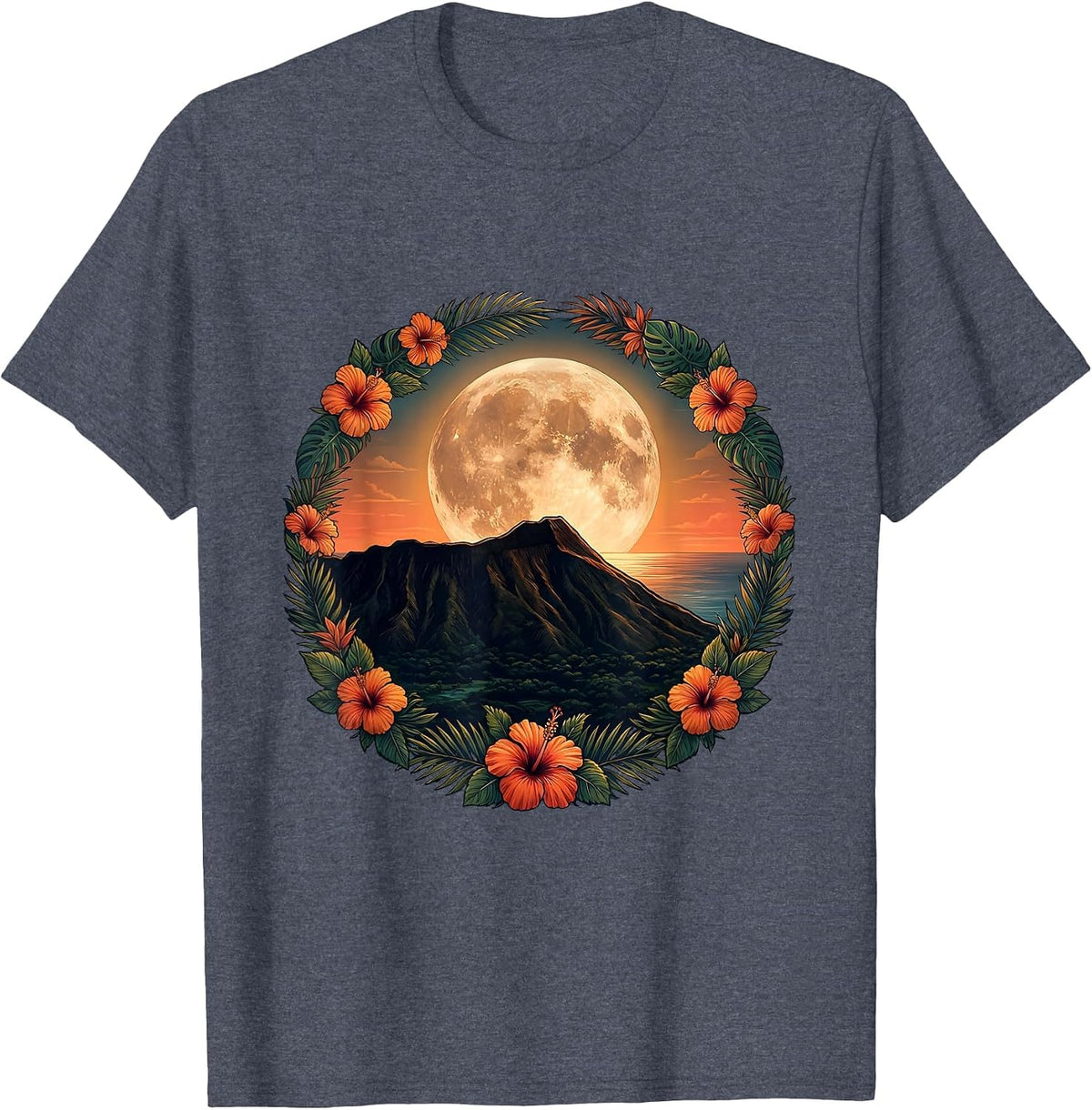 Moonlit Diamond Head Volcanic Crater Hawaii Art T-Shirt - Heather Blue