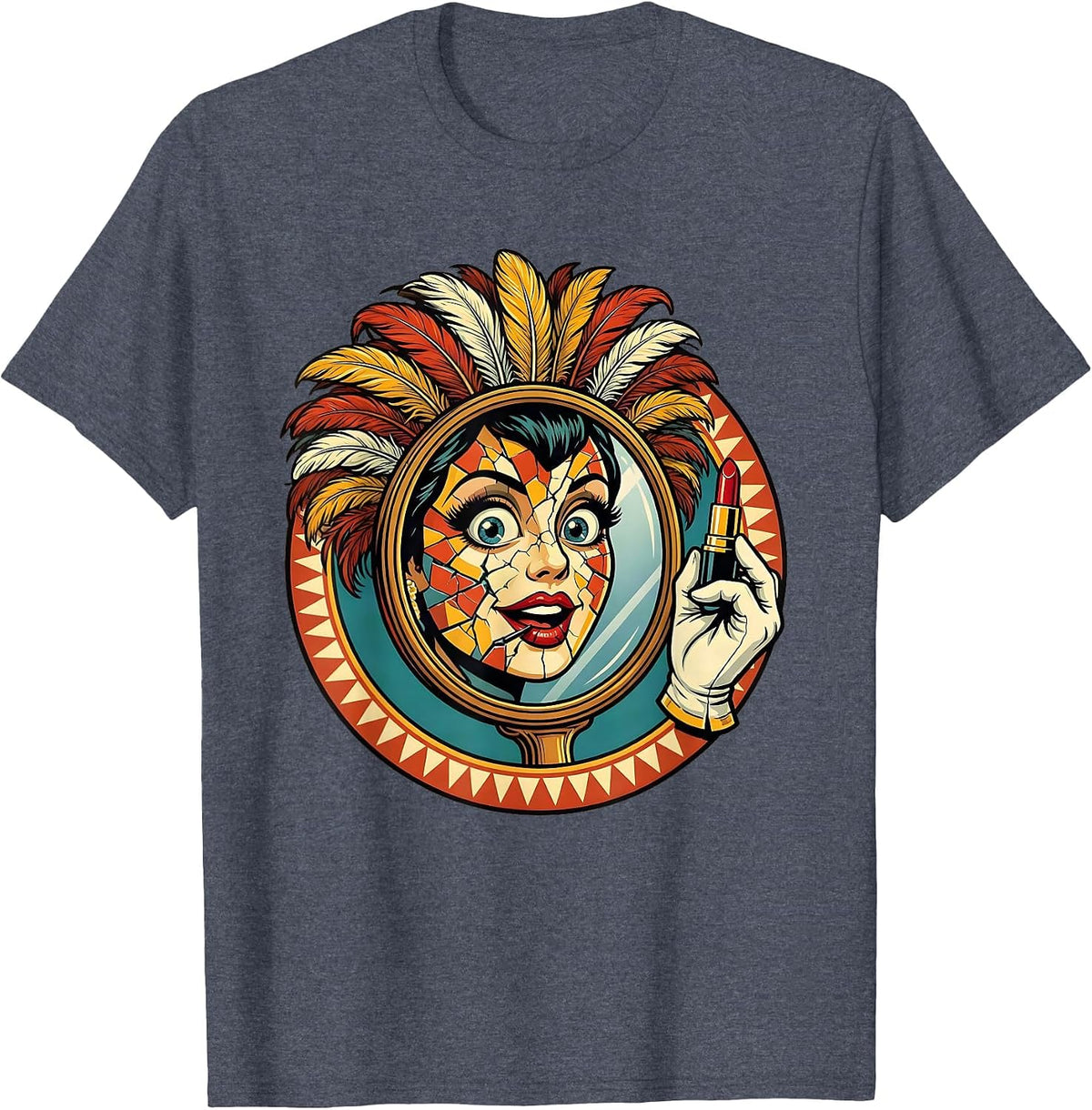 Showgirl Lipstick Cracked Mirror Graphic Design T-Shirt - Heather Blue