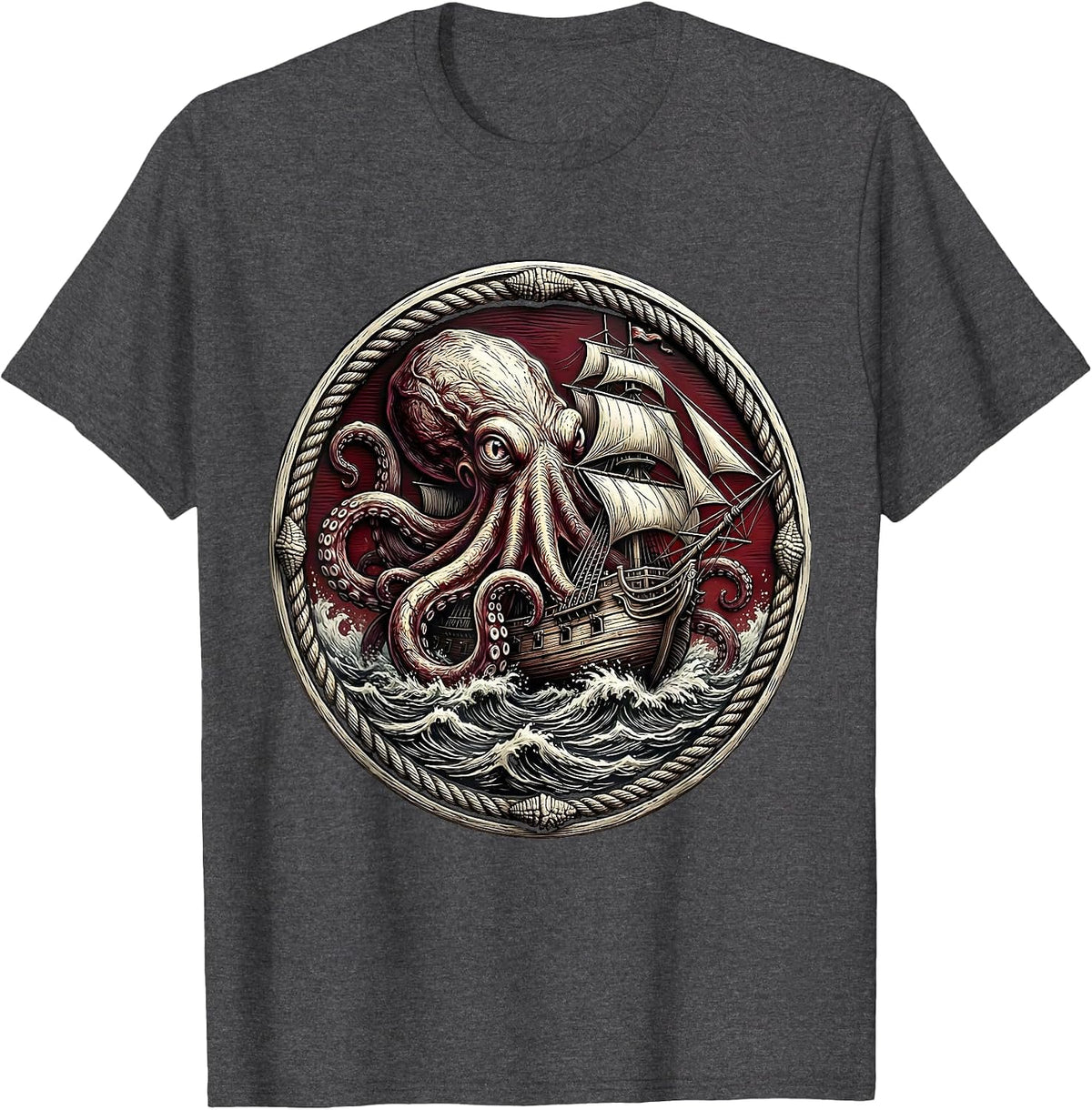 Men's Giant Octopus Sinking Ancient Warship Anime Art T-Shirt - Dark Heather Grey