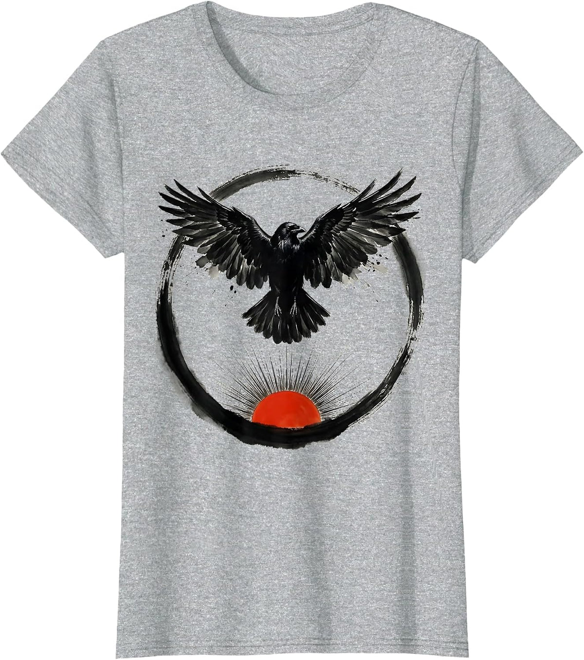 Women's Crow With Spread Wings Over Rising Sun Graphic T-Shirt - Heather Grey