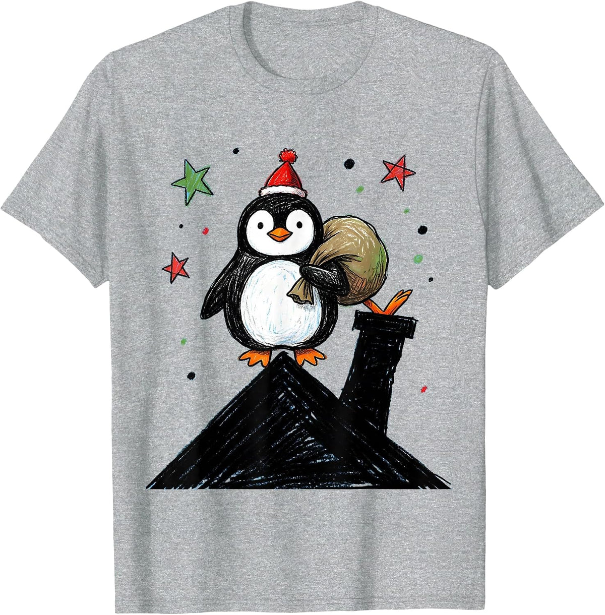 Men's Wobbly Penguin Naive Kidcore Funny Christmas T-Shirt - Heather Grey