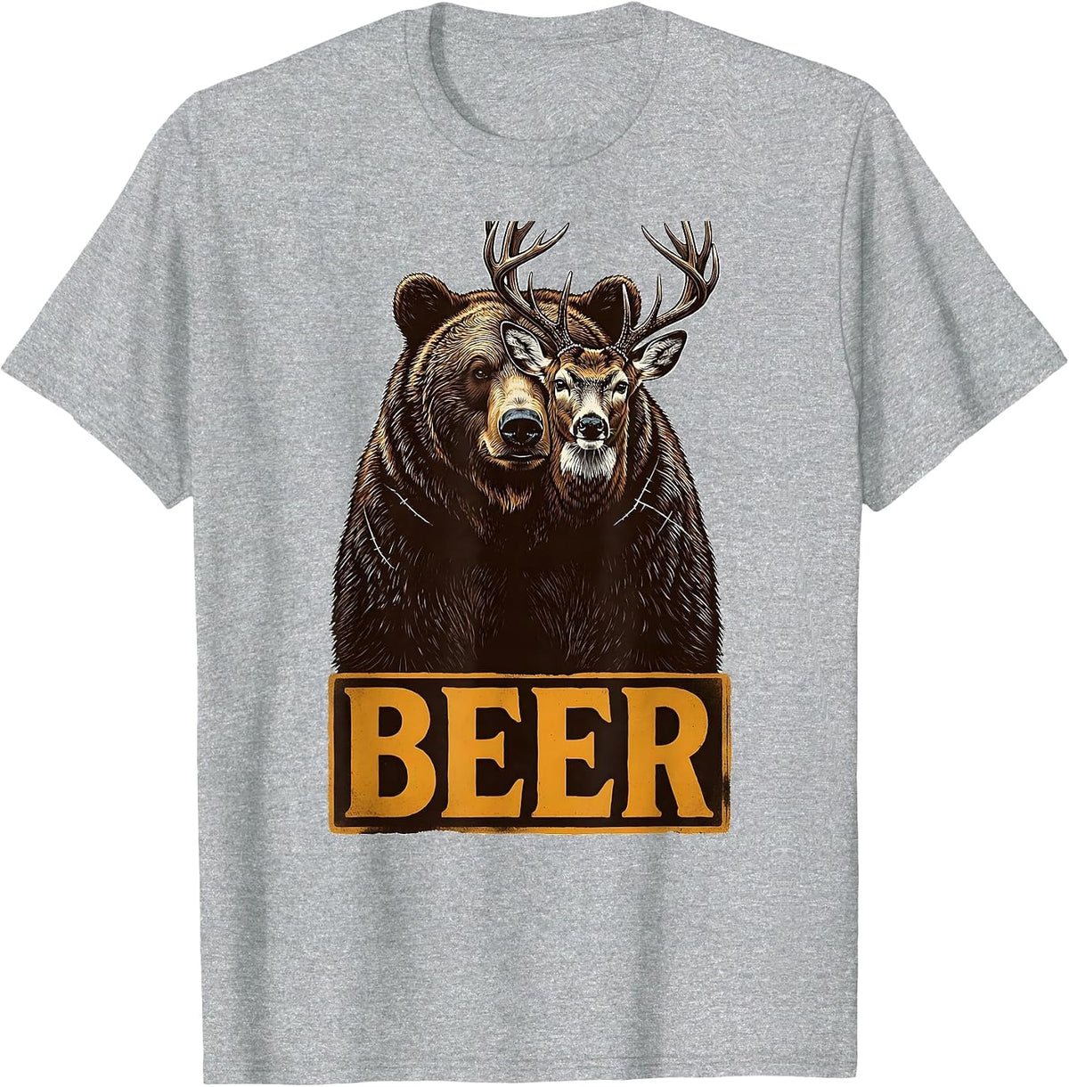 Men's BEER Funny Bear Deer Hunting Drinking Wood Type Letterpress T-Shirt - Heather Grey