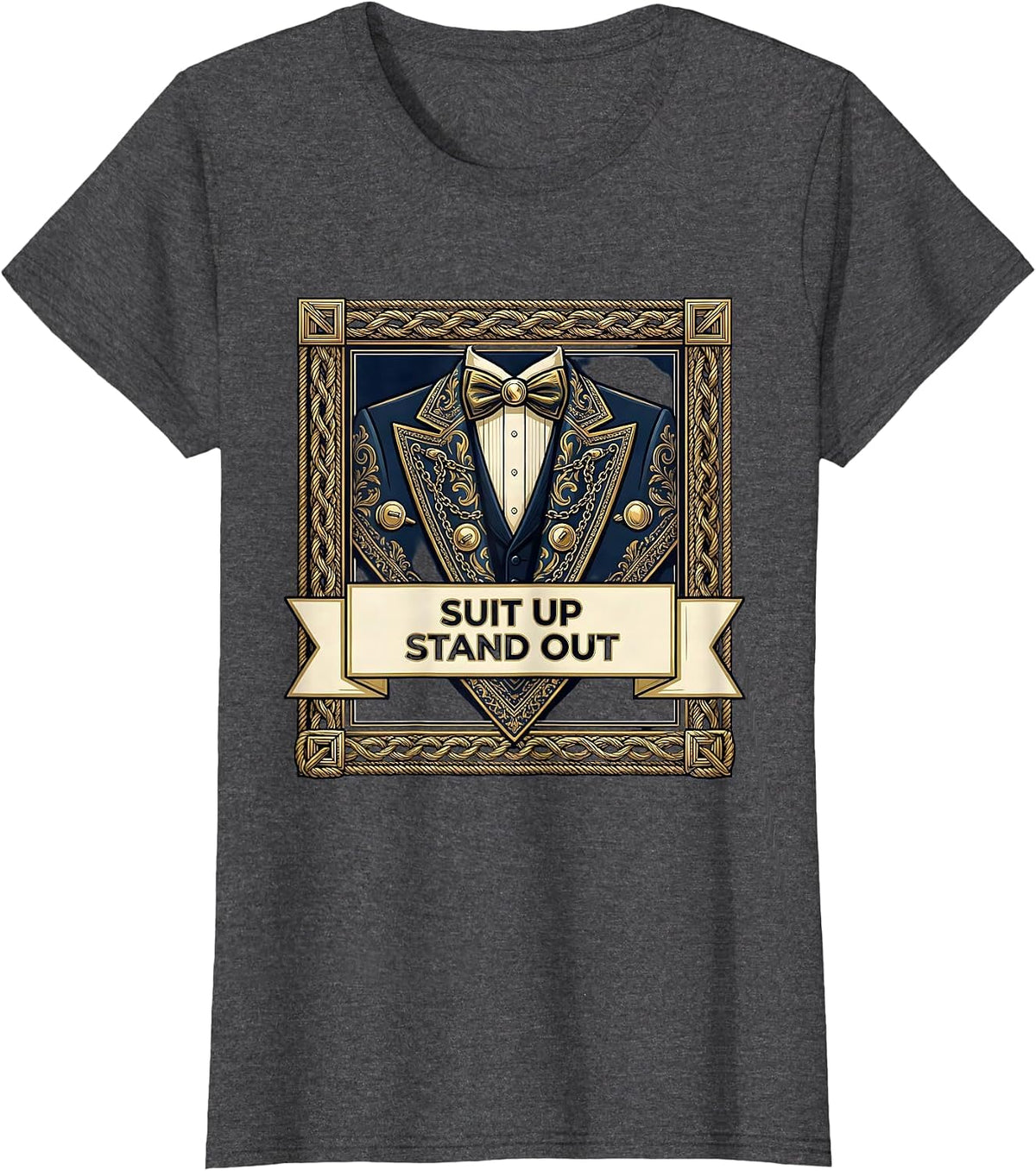 Women's Suit Up Stand Out Tuxedo Graphic Design T-Shirt - Dark Heather Grey