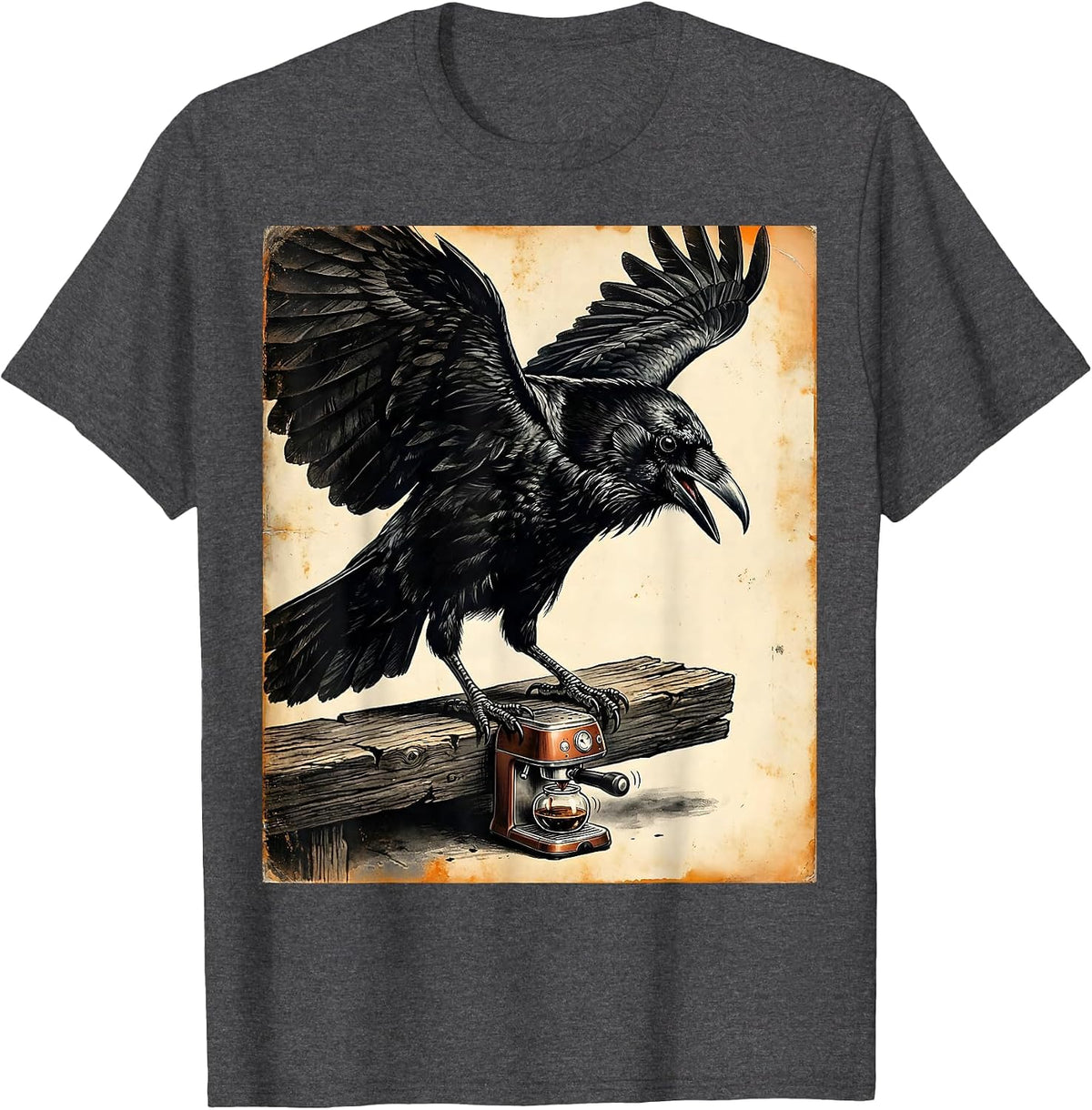 Giant Crow Looming Over Tiny Terrified Coffee Maker T-Shirt - Dark Heather Grey