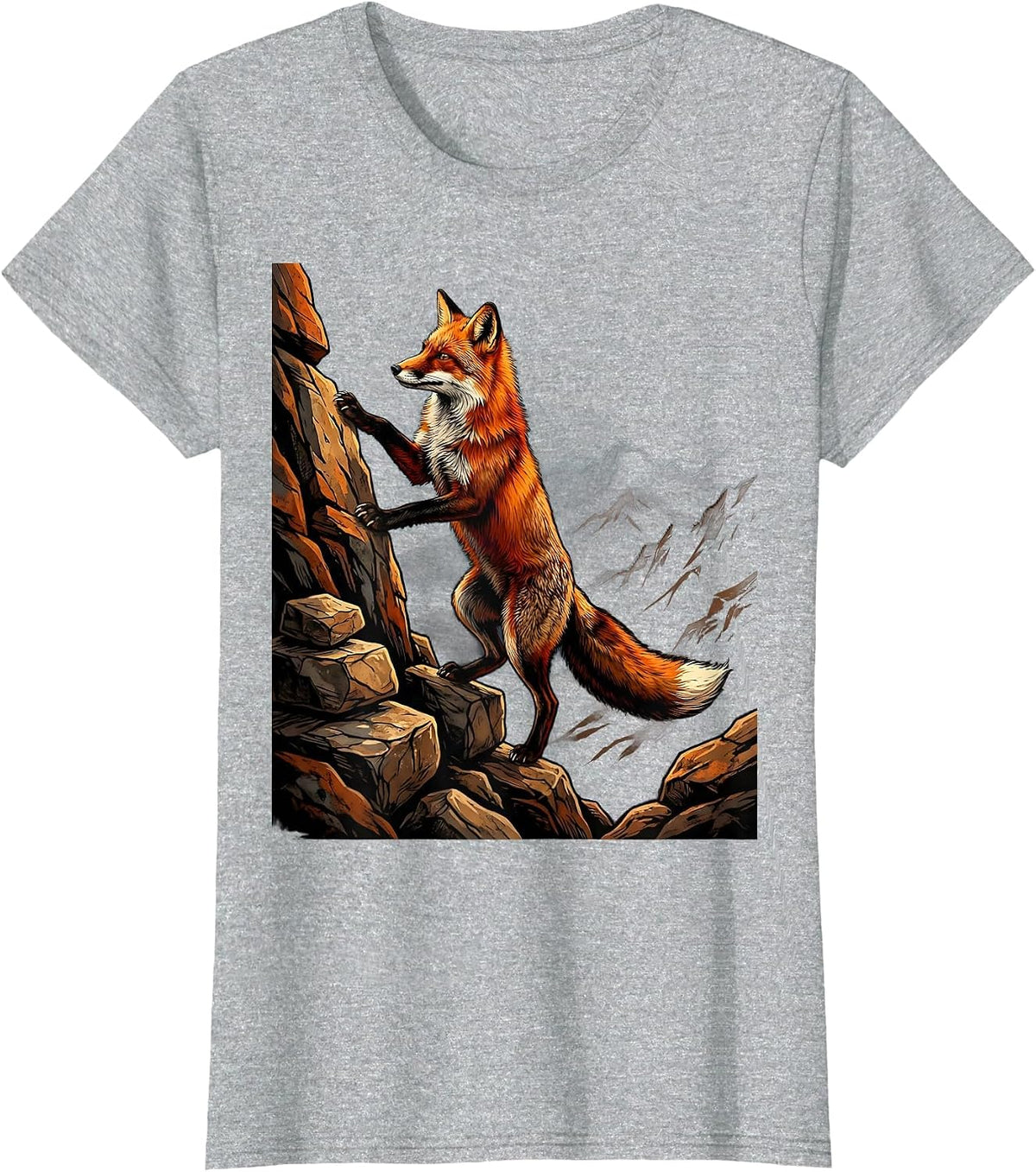 Fox Climbing Rocky Mountain Peak Illustration T-Shirt - Heather Grey
