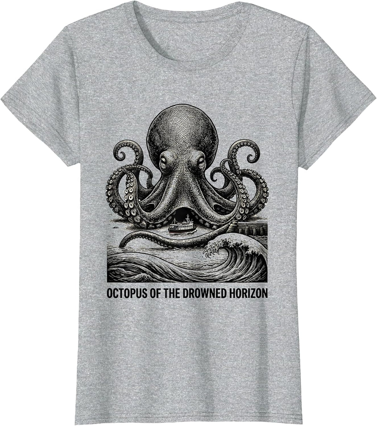 Octopus of the Drowned Horizon Monochromatic Ocean Animal T-Shirt - Heather Grey