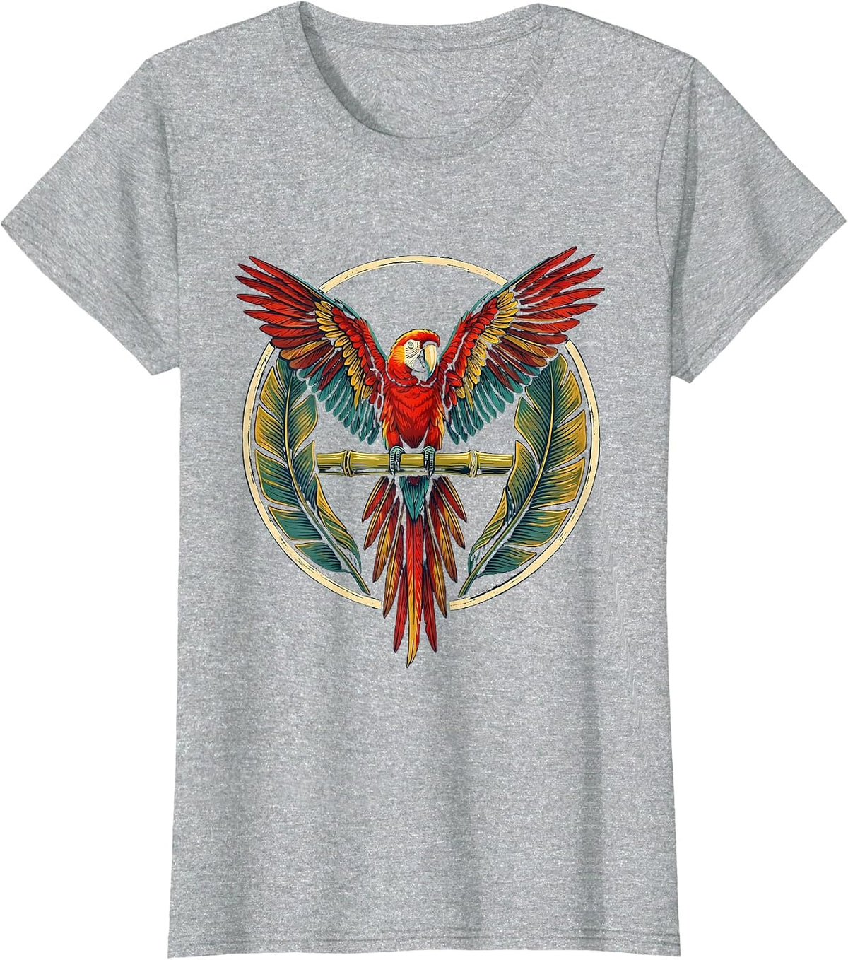 Tropical Parrot on Bamboo Hawaiian Design T-Shirt - Heather Grey