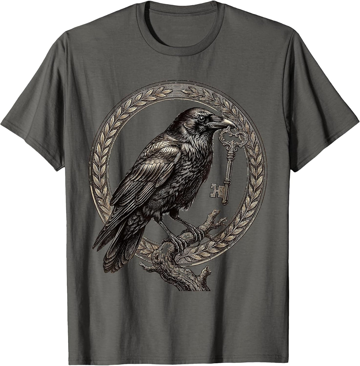 Crow With Shiny Key Illustration Design T-Shirt - Asphalt Grey