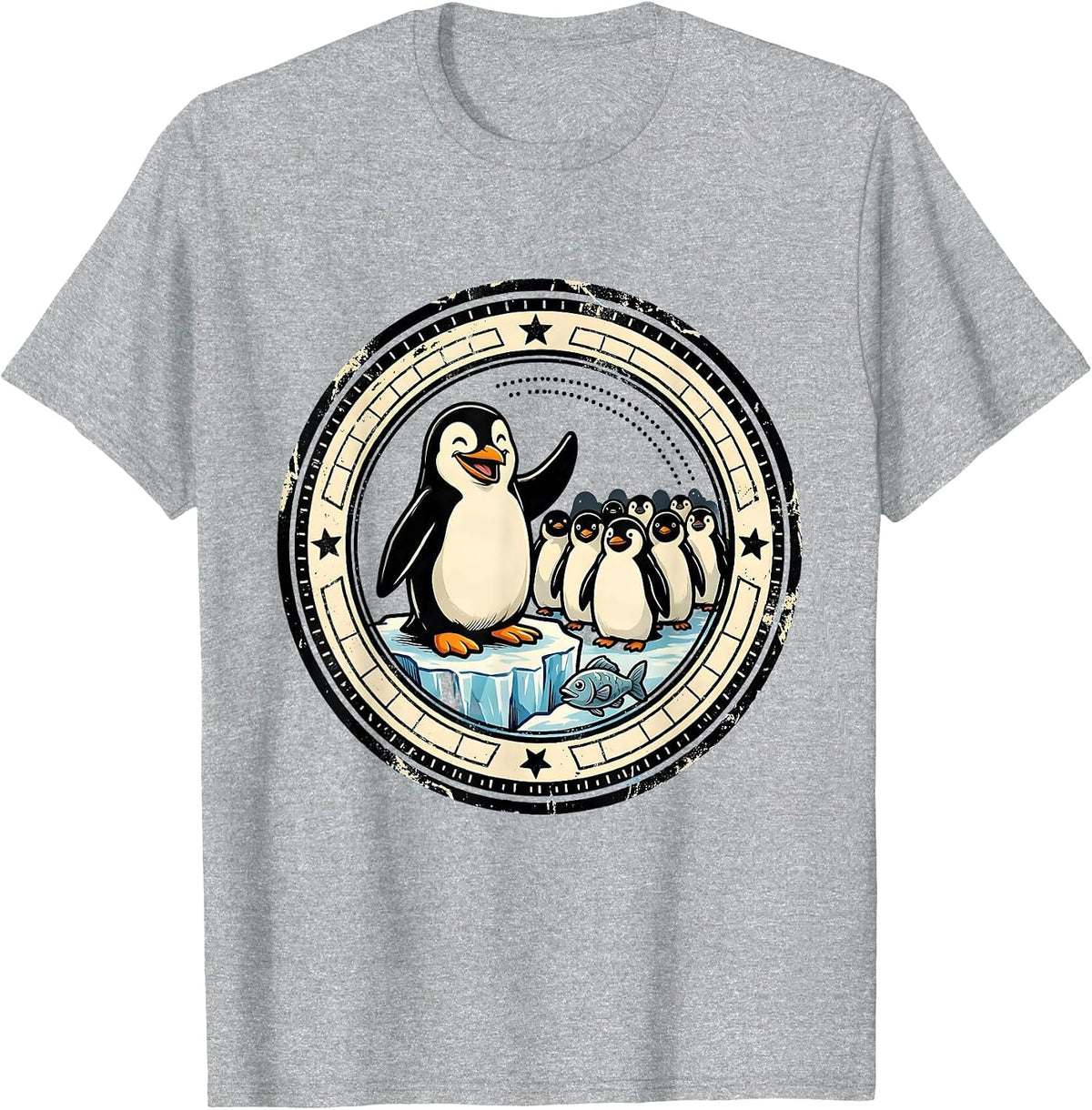 Men's Penguin Badge Cartoon Animal Humor Novelty T-Shirt - Heather Grey