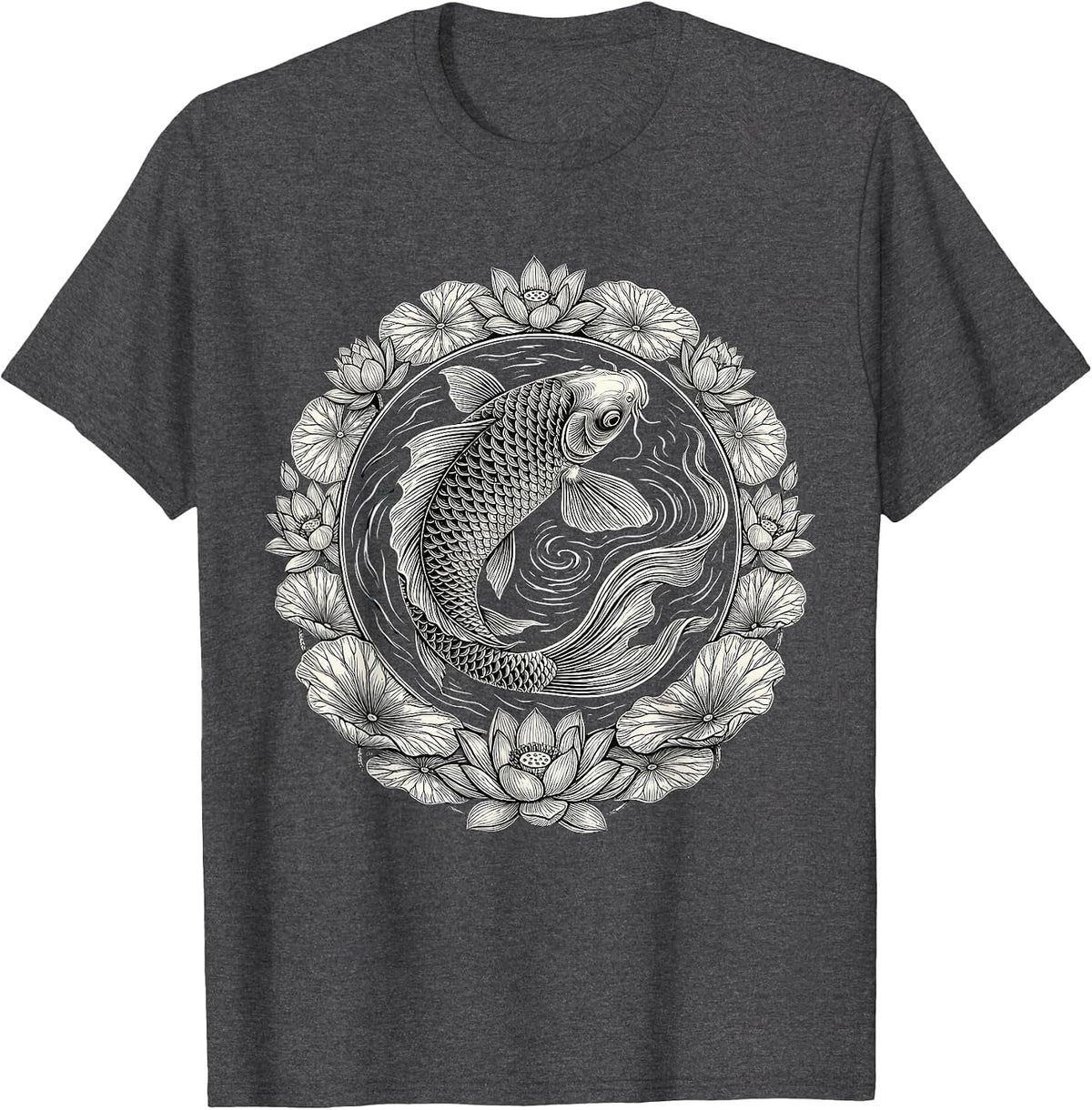 Koi Fish and Lily Pad Detailed Illustration T-Shirt - Dark Heather Grey