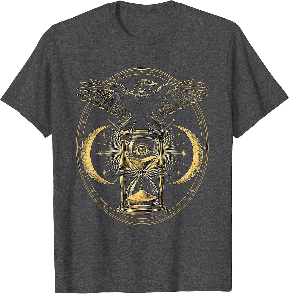 Crow on Hourglass Gothic Nature Illustration T-Shirt - Dark Heather Grey