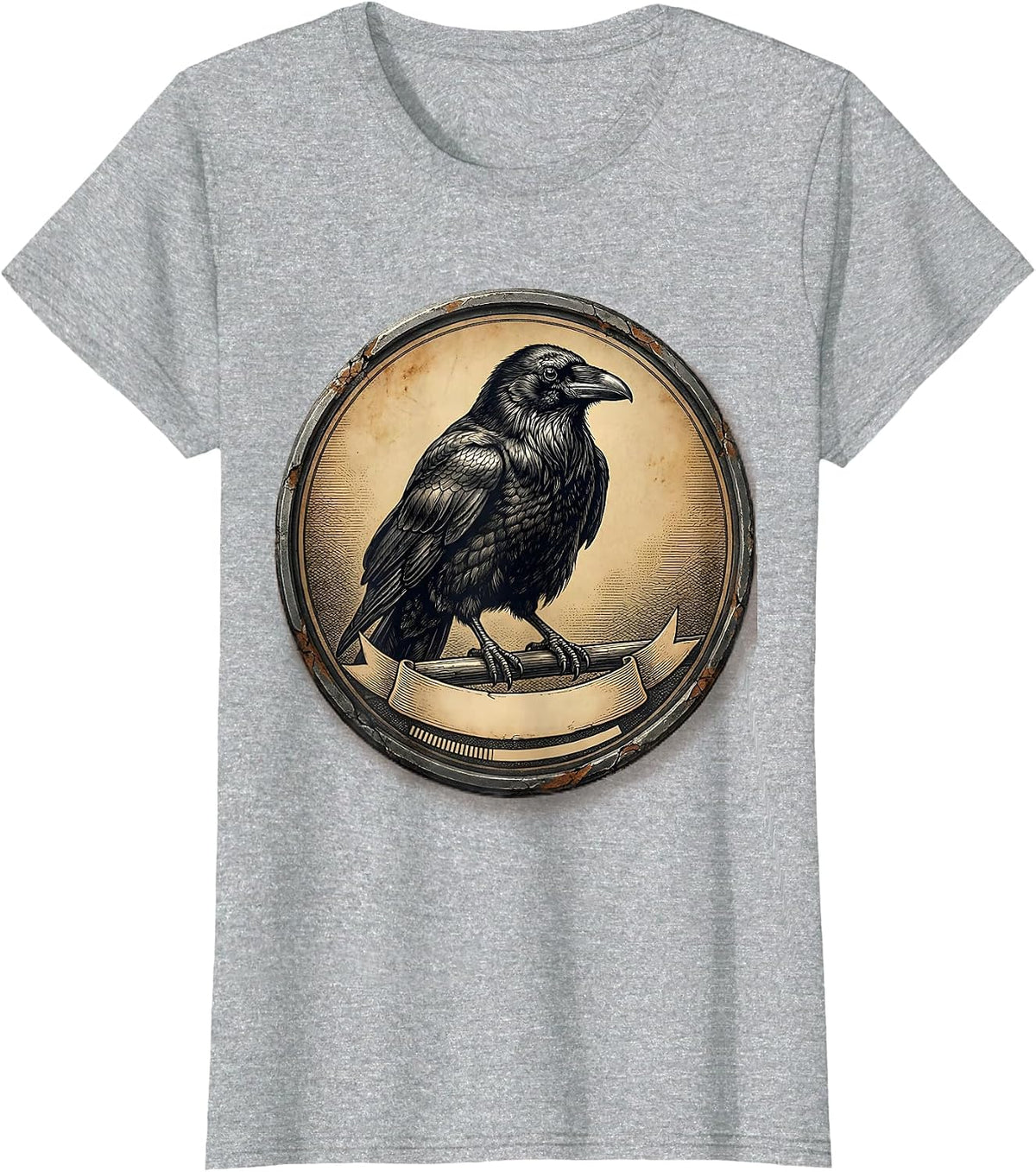 Front-Facing Crow Portrait Distressed Gothic Humor T-Shirt - Heather Grey