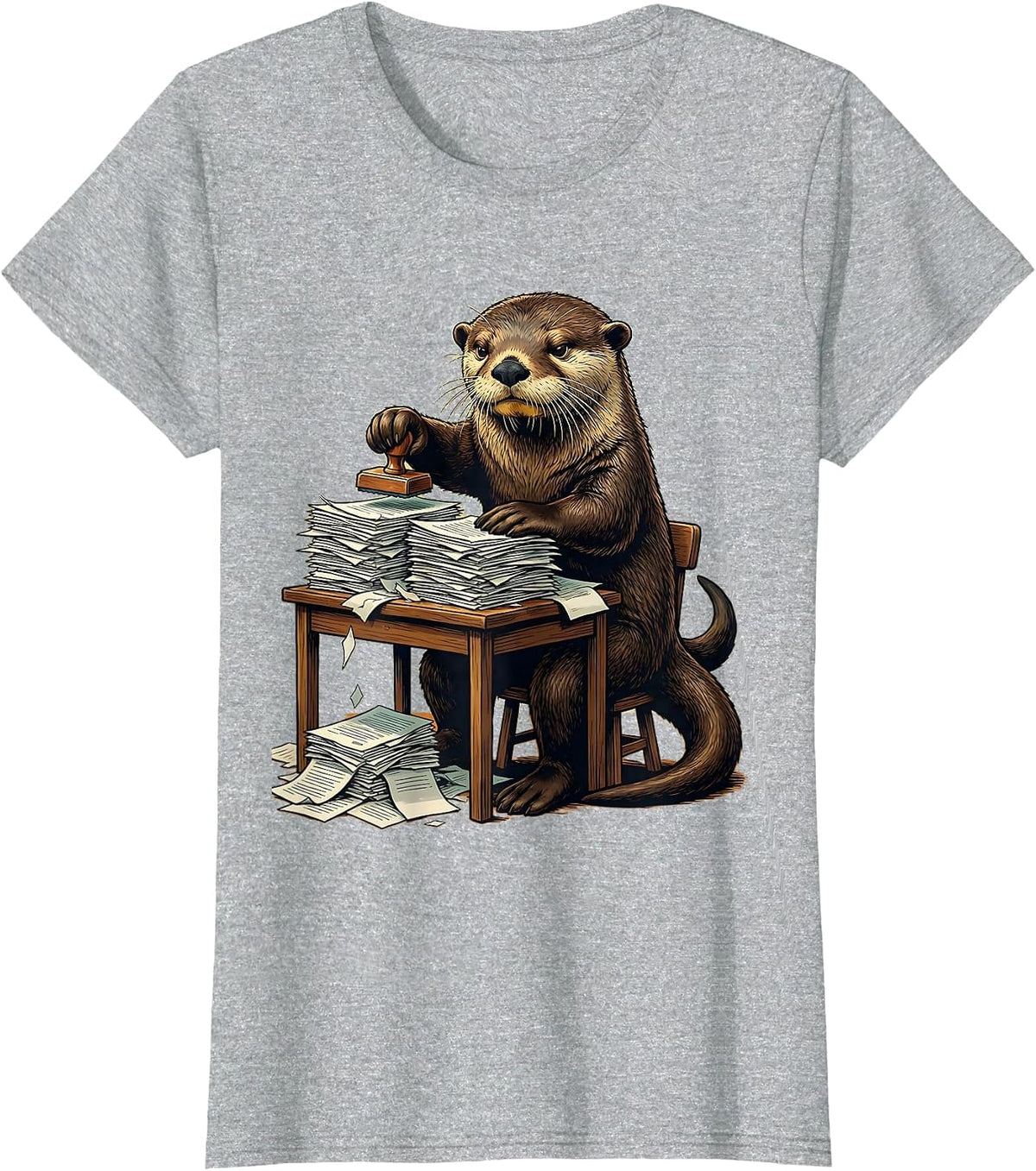 Sea Otter Desk Funny Otter Lover Gift T-Shirt - Heather Grey