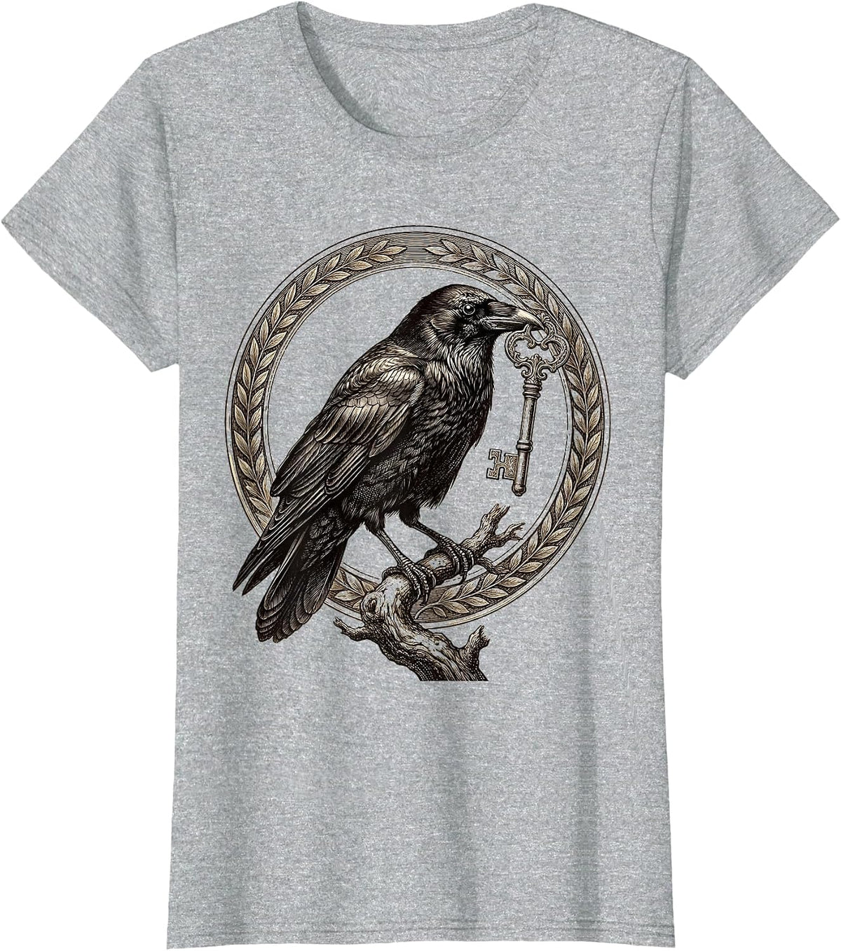 Crow With Shiny Key Illustration Design T-Shirt - Heather Grey