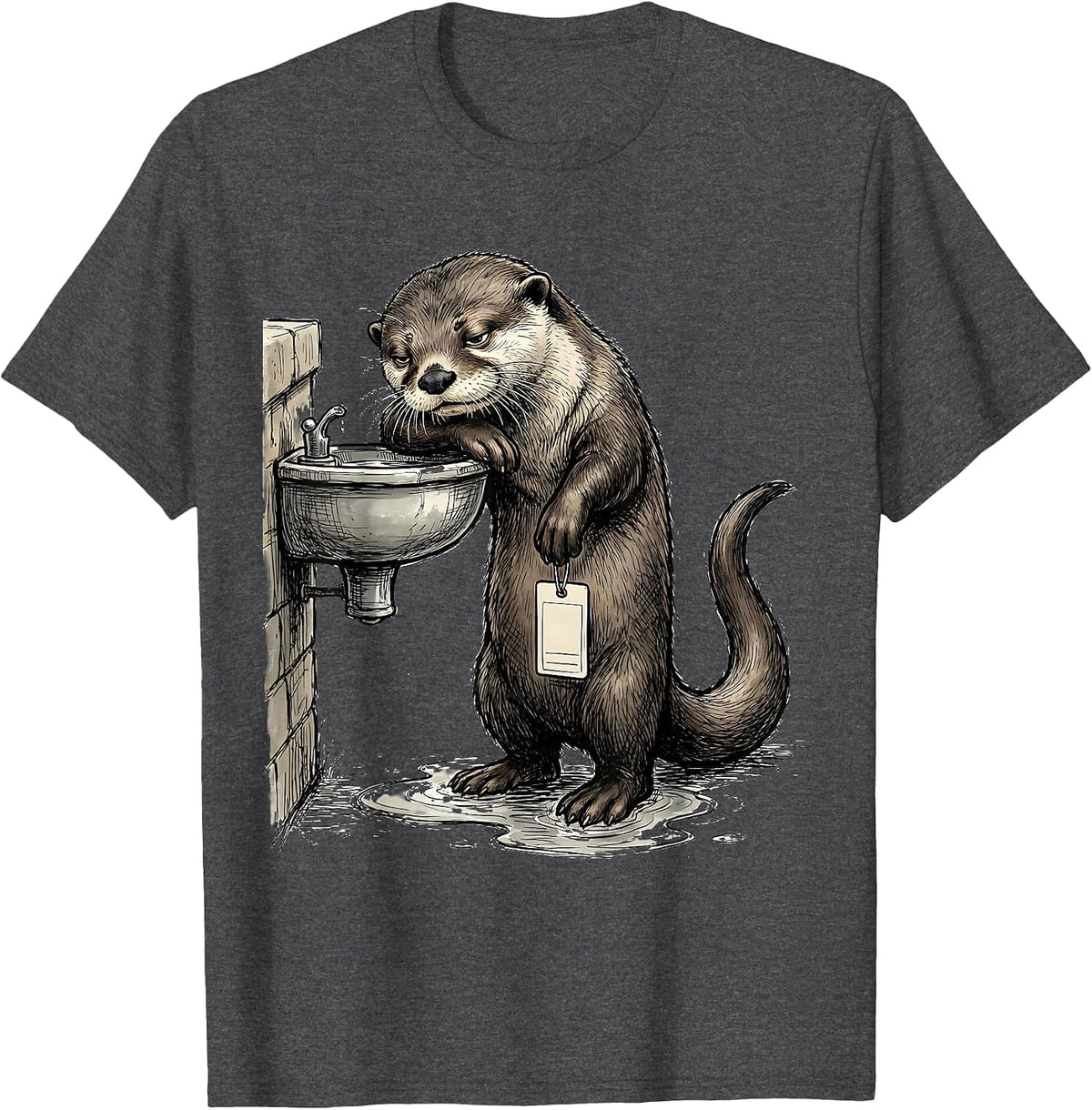 Men's Otter Drinking Fountain Funny Sea Animal Lover Humor T-Shirt - Dark Heather Grey