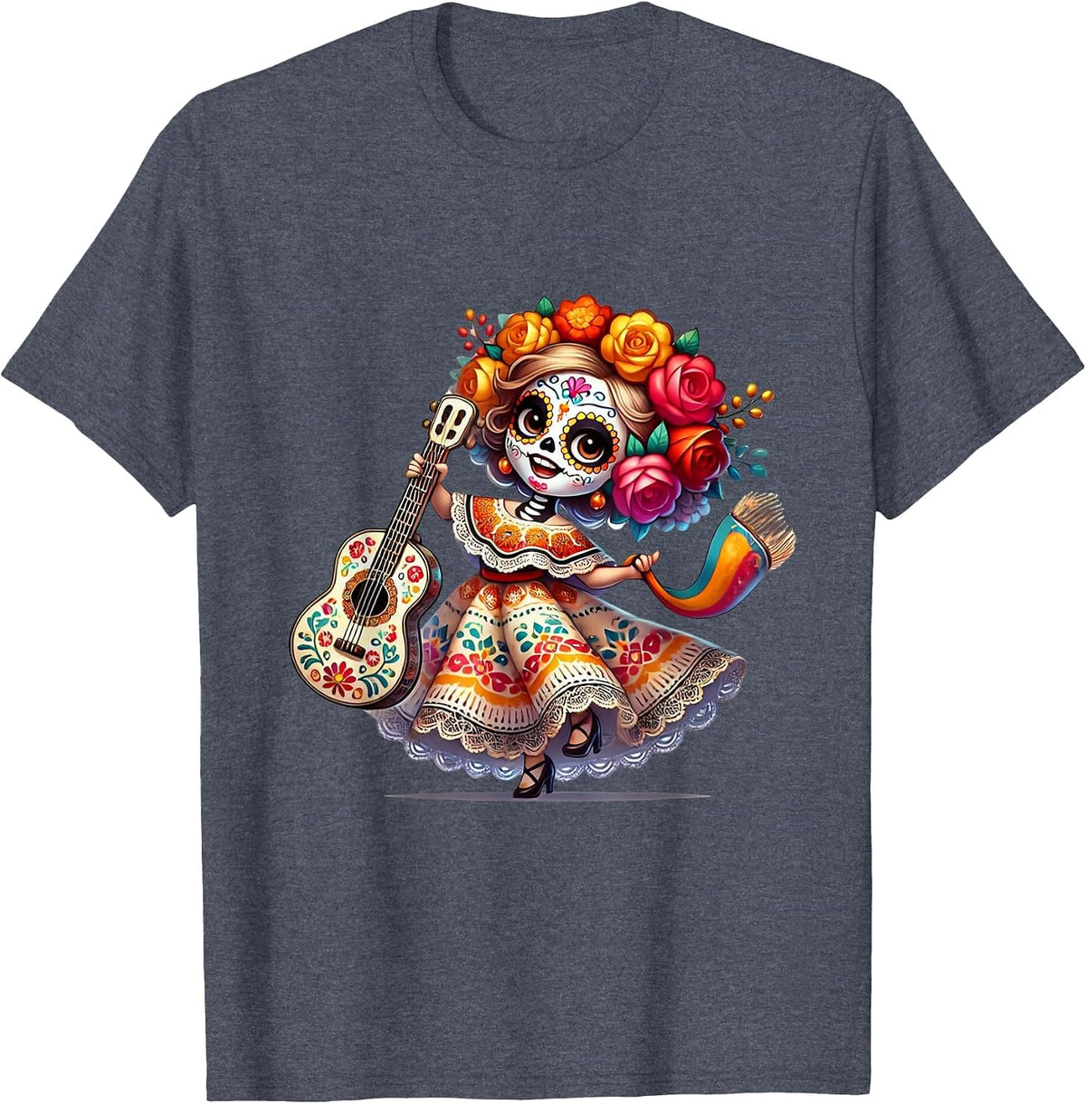 La Catrina Hispanic Heritage Month Mexican Halloween Flower T-Shirt - Heather Blue