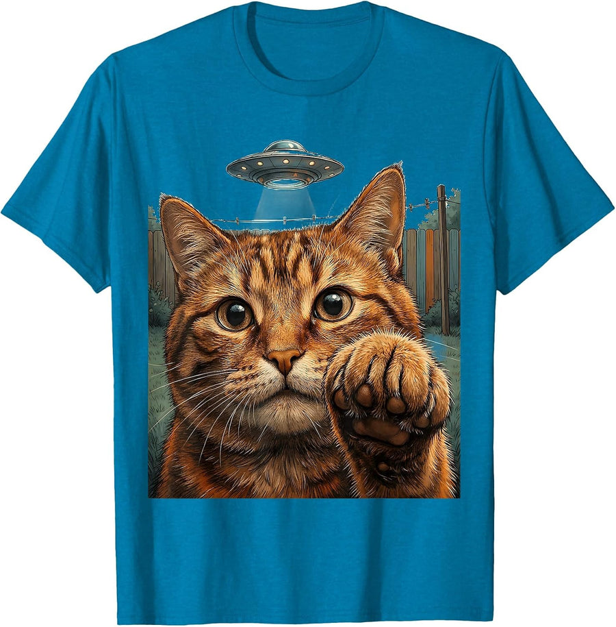 Near-Lens Ginger Cat UFO Alien Selfie Meme Funny Cat Gifts T-Shirt - Sapphire Blue