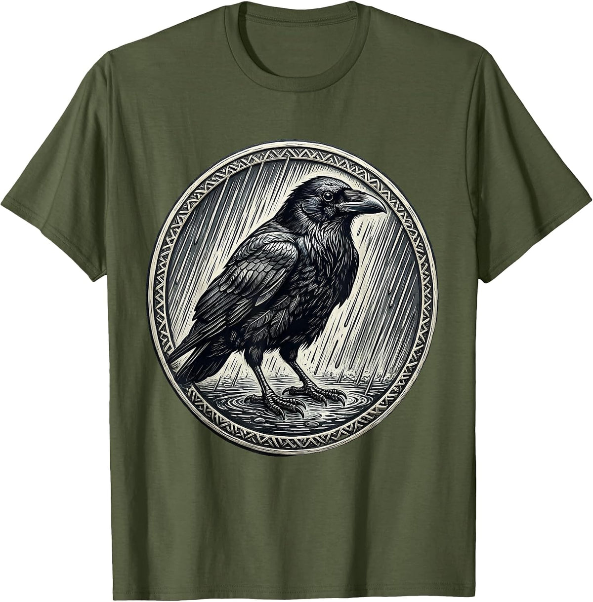Crow in Heavy Rain Dark Moody Bird Illustration T-Shirt - Olive Green