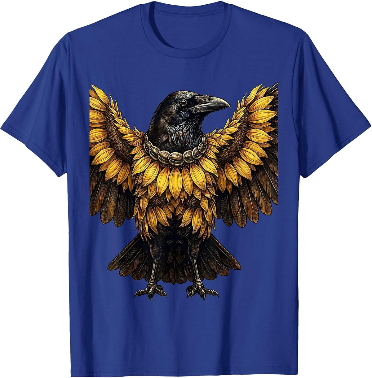 Crow with Sunflower Petal Feathers Illustration T-Shirt - Royal Blue