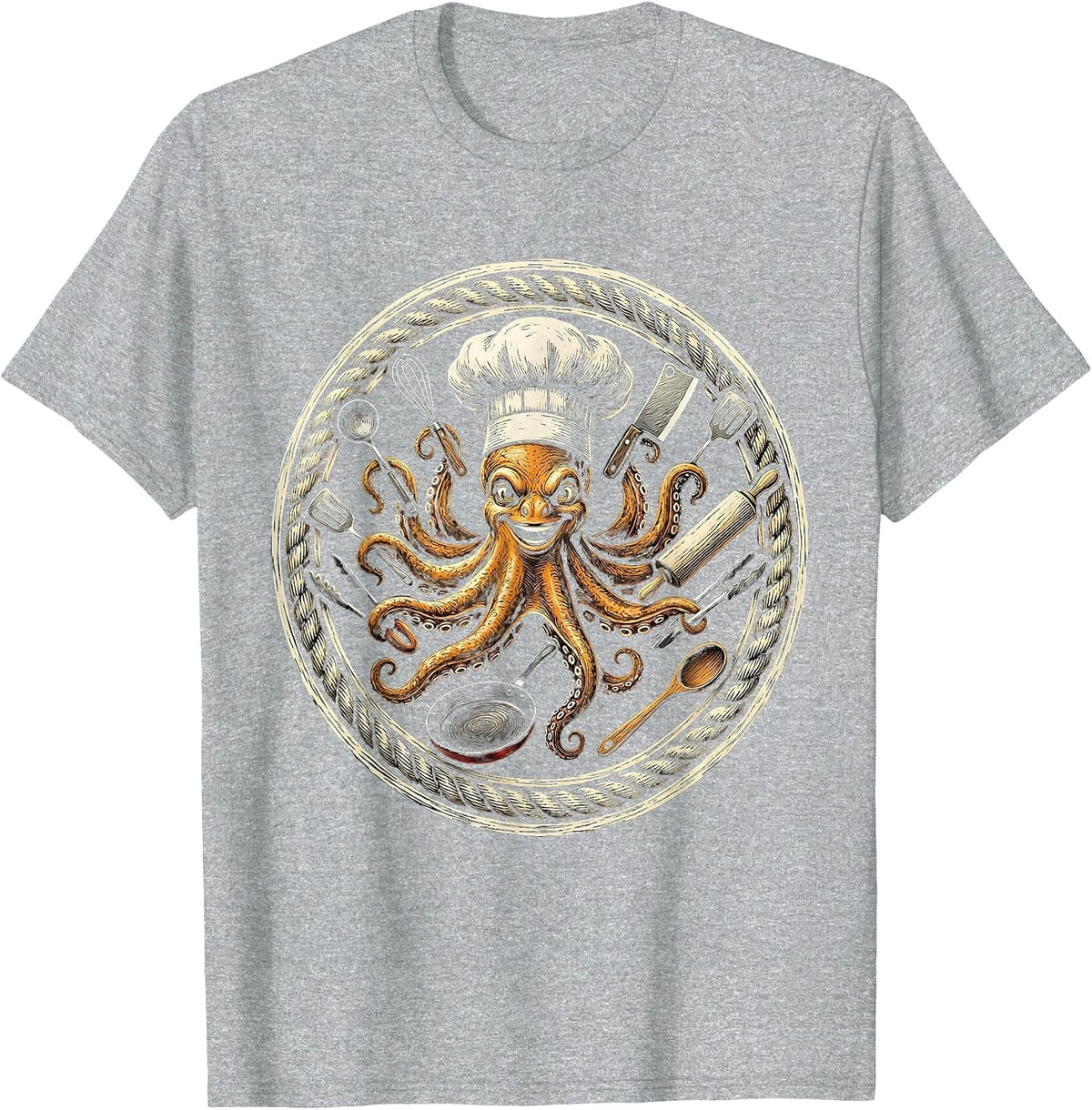 Men's Octopus Chef Juggling Kitchen Utensils T-Shirt - Heather Grey