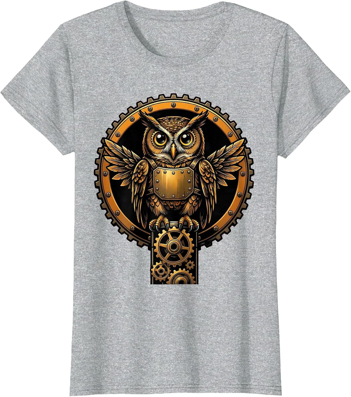 Women's Steampunk Mechanical Owl on Gear Stack Design T-Shirt - Heather Grey