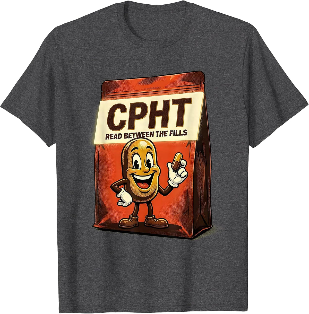 Men's CPhT Read Between The Fills Retro Advertising Pharmacy T-Shirt - Dark Heather Grey