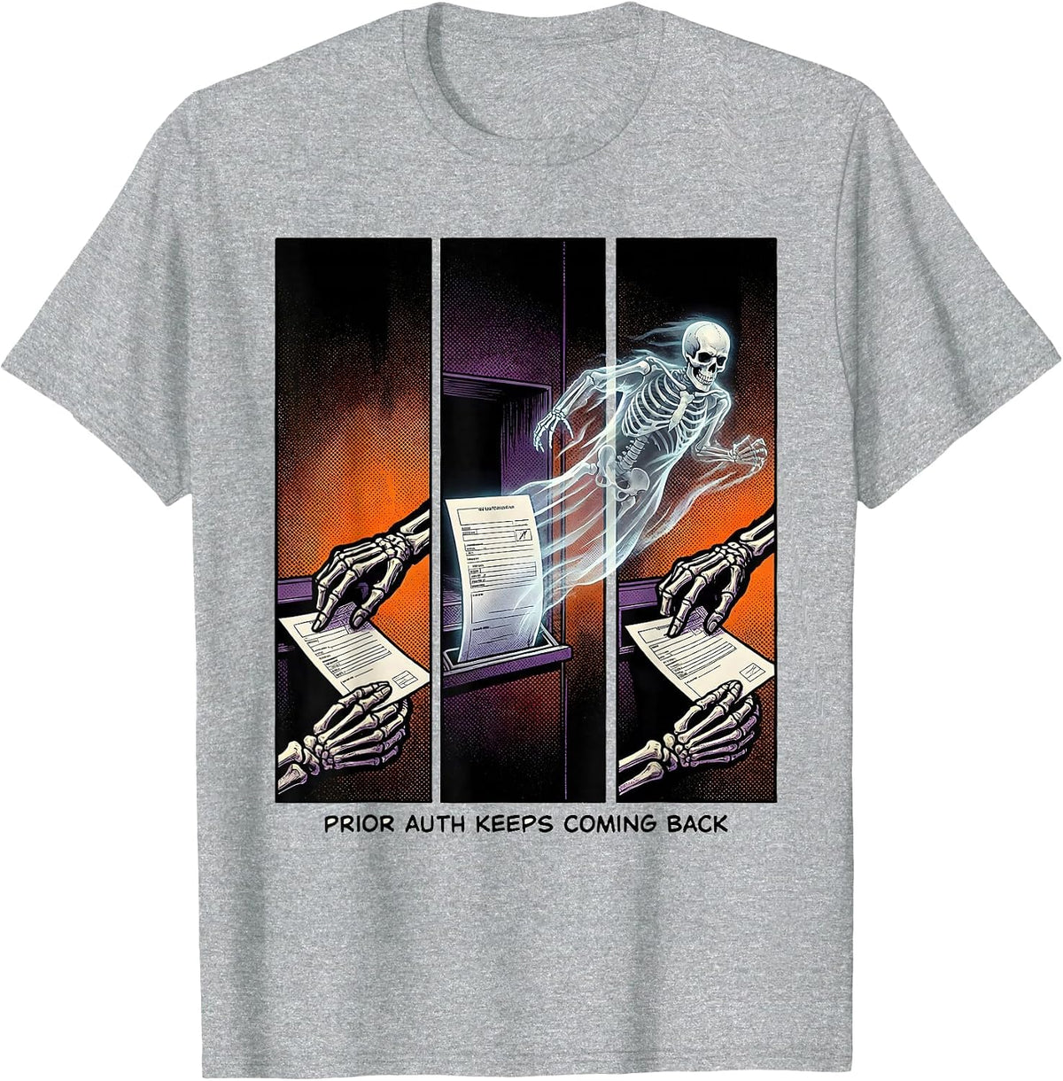 Men's Prior Auth Keeps Coming Back Funny Pharmacy Tech Halloween T-Shirt - Heather Grey