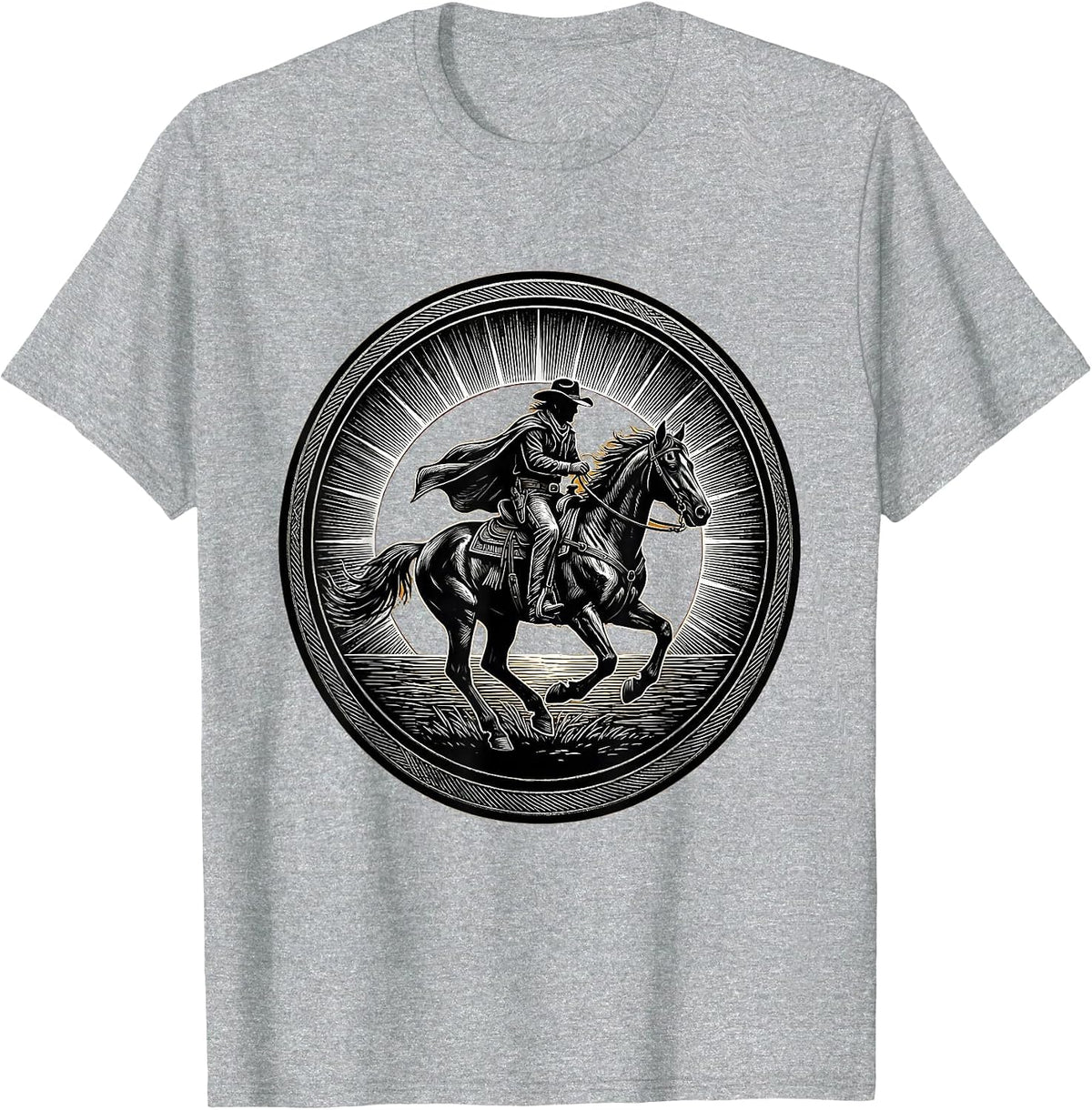 Men's Cowboy Riding Horse at Sunset Silhouette T-Shirt - Heather Grey