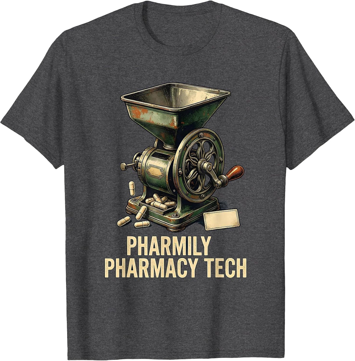 Men's Pharmily Pharmacy Tech Vintage Pharmacist Tech Crew Humor T-Shirt - Dark Heather Grey
