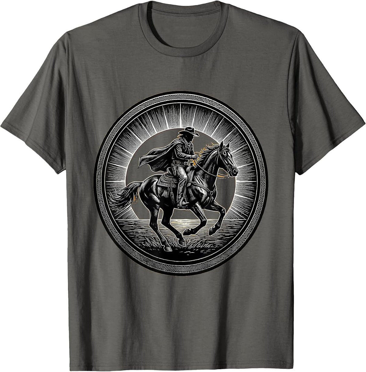 Men's Cowboy Riding Horse at Sunset Silhouette T-Shirt - Asphalt Grey