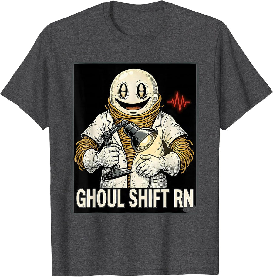 Men's Ghoul Shift RN Retro Cartoon Halloween Nurse Medical Humor T-Shirt - Dark Heather Grey