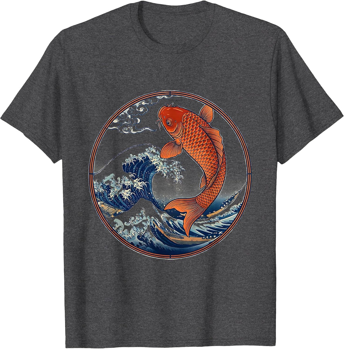 Men's Koi Fish Leaping Through Crashing Wave T-Shirt - Dark Heather Grey