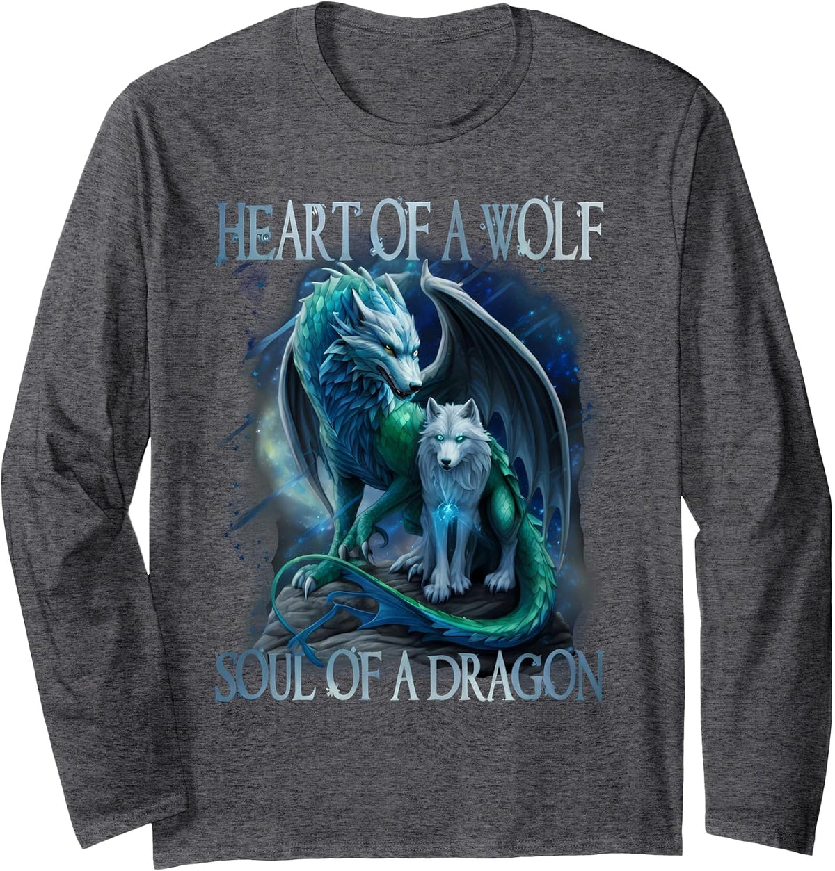 Heart of Wolf Soul of A Dragon - Cool Dragon - Wolf Warrior Long Sleeve T-Shirt - Adult Unisex Dark Heather Grey